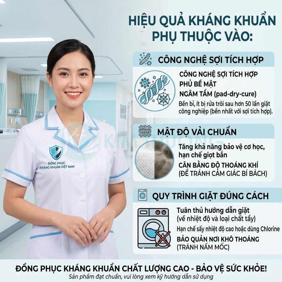 Đồng phục y tá kháng khuẩn màu trắng viền xanh, logo Đồng Phục Kháng Khuẩn Việt Nam trong bệnh viện