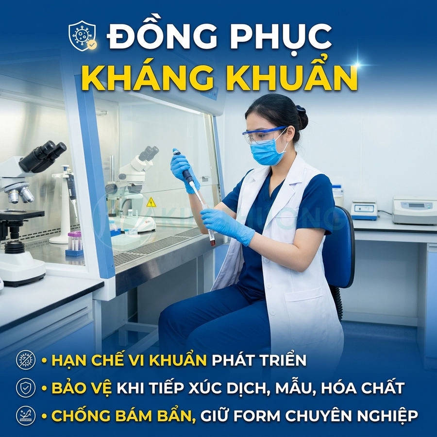 Đồng phục y tế kháng khuẩn màu xanh trắng cho nhân viên phòng thí nghiệm làm việc với ống nghiệm
