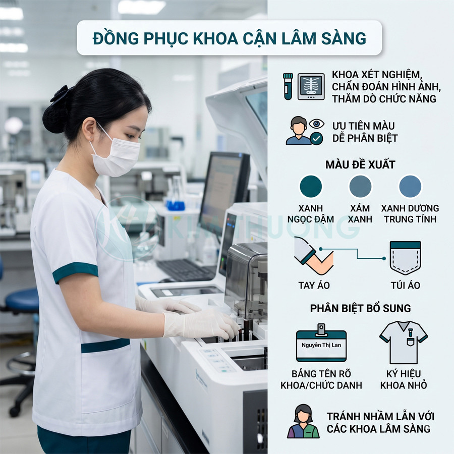 Đồng phục nhân viên khoa cận lâm sàng màu trắng viền xanh đang thao tác máy xét nghiệm trong phòng thí nghiệm