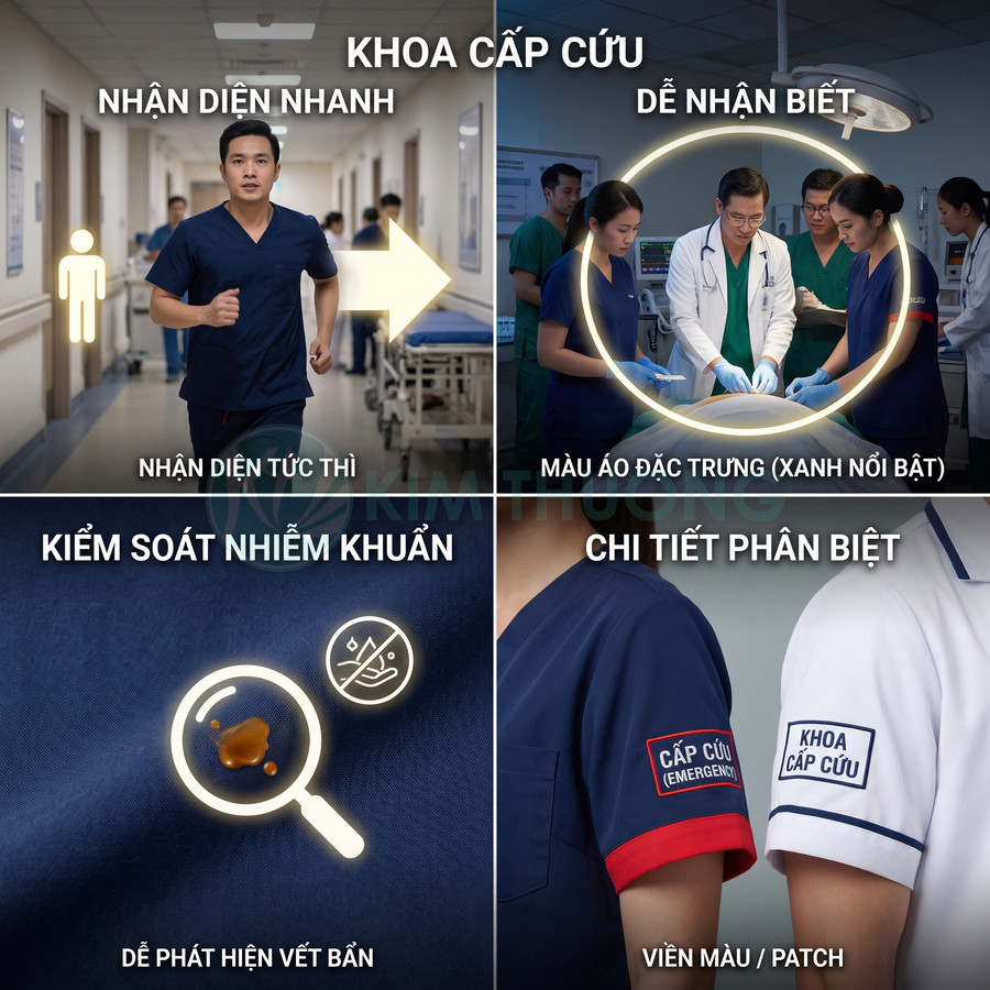 Đồng phục y tá bác sĩ khoa cấp cứu màu xanh navy có viền đỏ và patch thêu chữ cấp cứu emergency