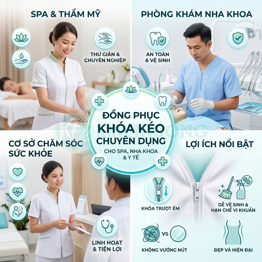 Đồng phục khóa kéo chuyên dụng màu trắng xanh cho nhân viên spa, nha khoa và cơ sở y tế