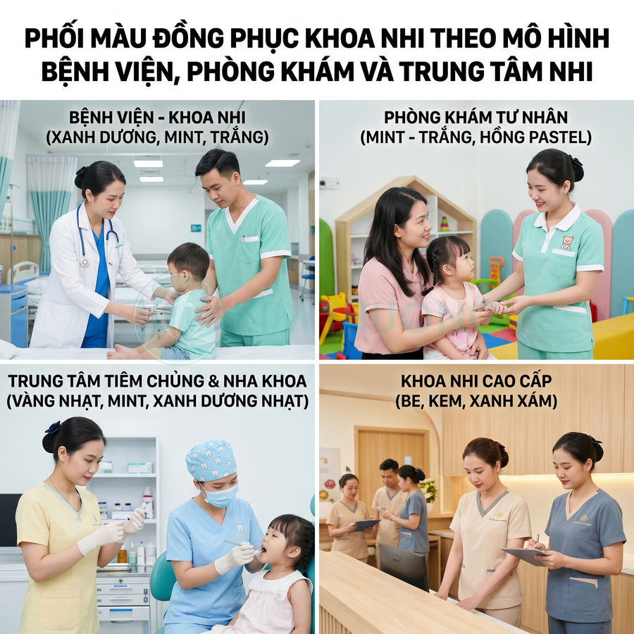 Đồng phục y tá và bác sĩ khoa nhi nhiều màu sắc đang chăm sóc và tư vấn cho trẻ em trong bệnh viện và phòng khám