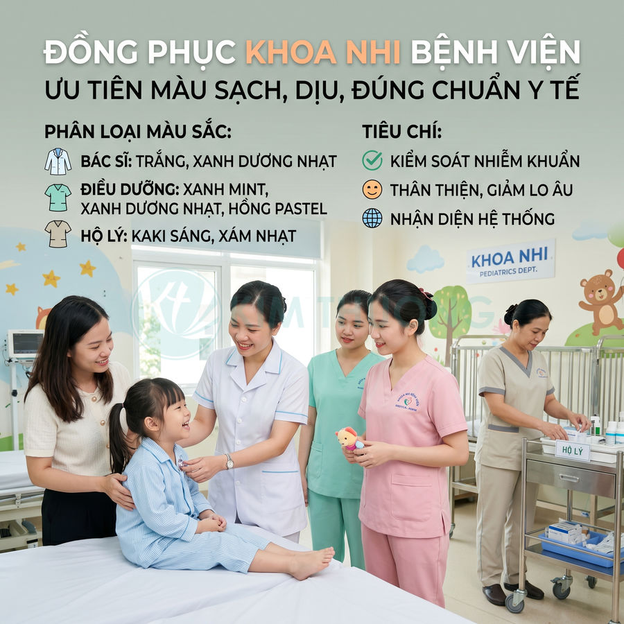 Đồng phục khoa Nhi bệnh viện với bác sĩ điều dưỡng hộ lý mặc áo quần màu pastel chăm sóc bé gái trên giường bệnh
