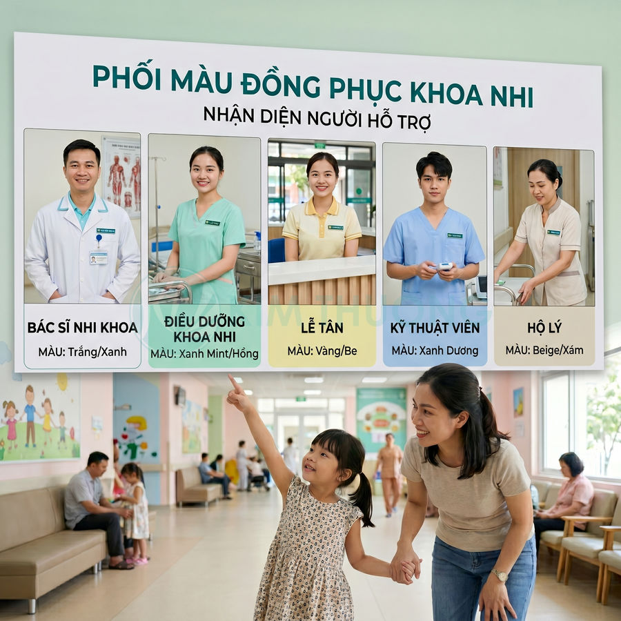 Bảng hướng dẫn màu đồng phục khoa nhi giúp phụ huynh nhận diện bác sĩ, điều dưỡng, lễ tân, kỹ thuật viên và hộ lý