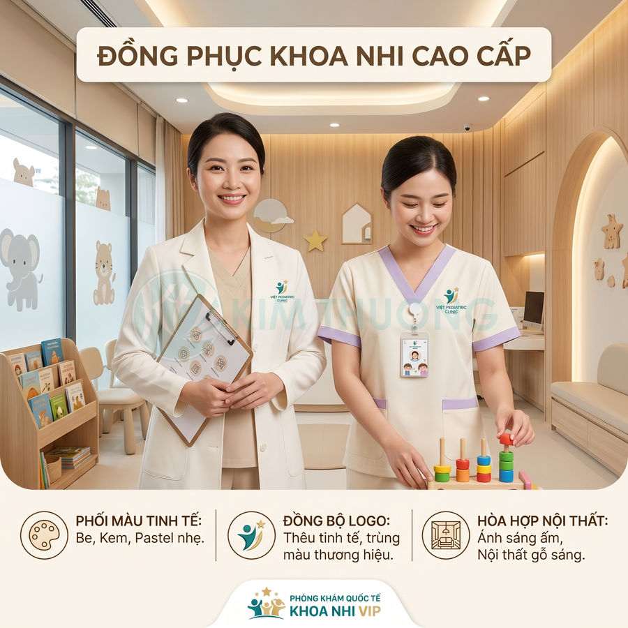 Đồng phục bác sĩ và y tá khoa nhi cao cấp màu be pastel trong phòng khám nhi hiện đại, nội thất gỗ sáng.