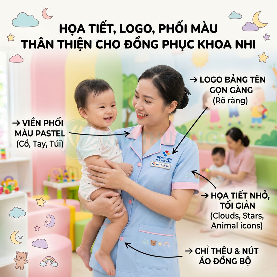Điều dưỡng mặc đồng phục khoa nhi màu xanh pastel bế em bé trong phòng chơi trẻ em nhiều màu sắc
