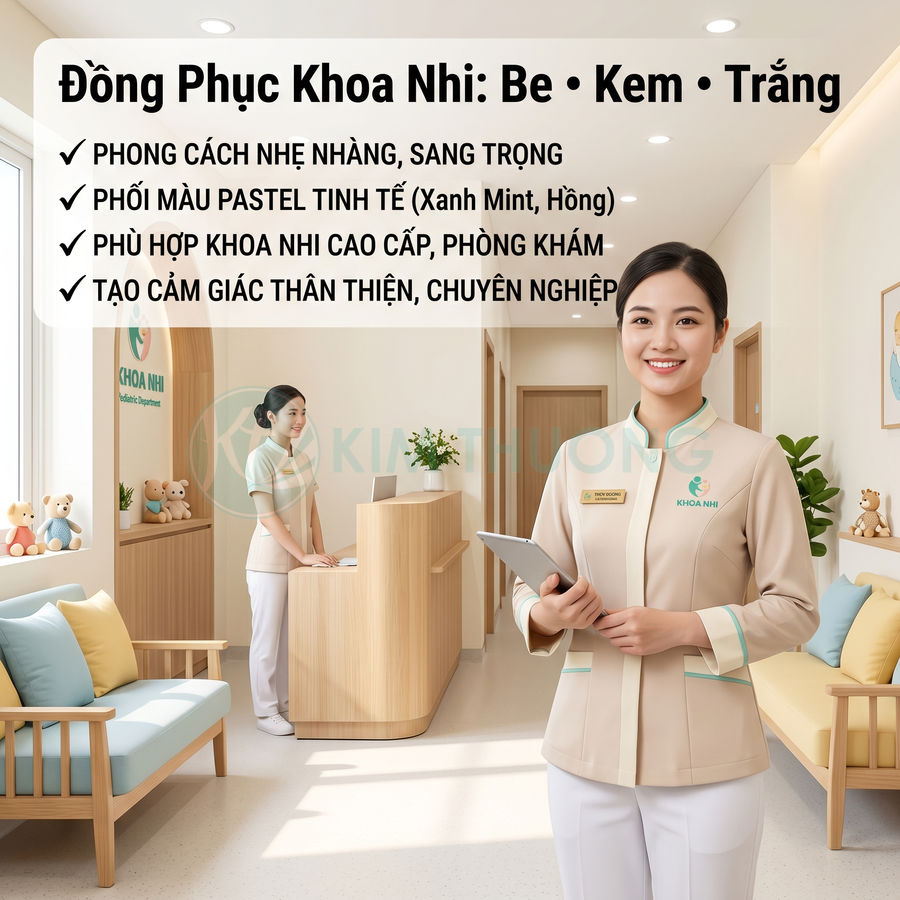 Đồng phục nhân viên khoa nhi màu be kem trắng phối viền xanh mint trong phòng khám nhi hiện đại thân thiện