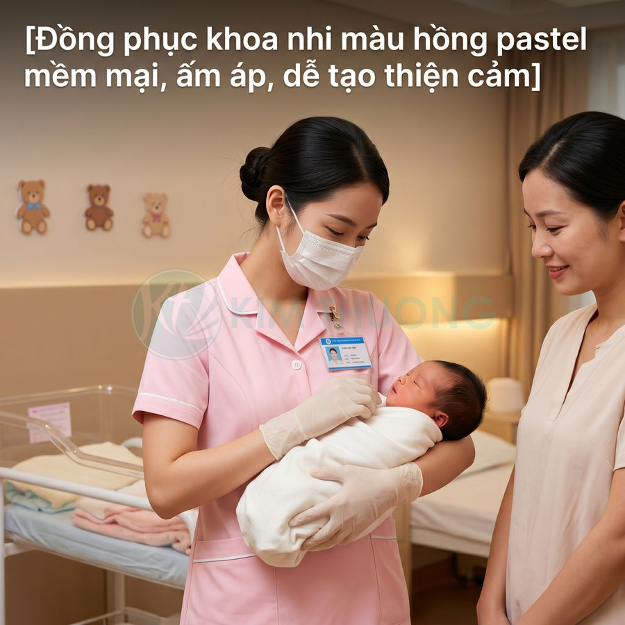 Đồng phục y tá khoa nhi màu hồng pastel tay ngắn, cổ bẻ, viền trắng, tạo cảm giác mềm mại thân thiện