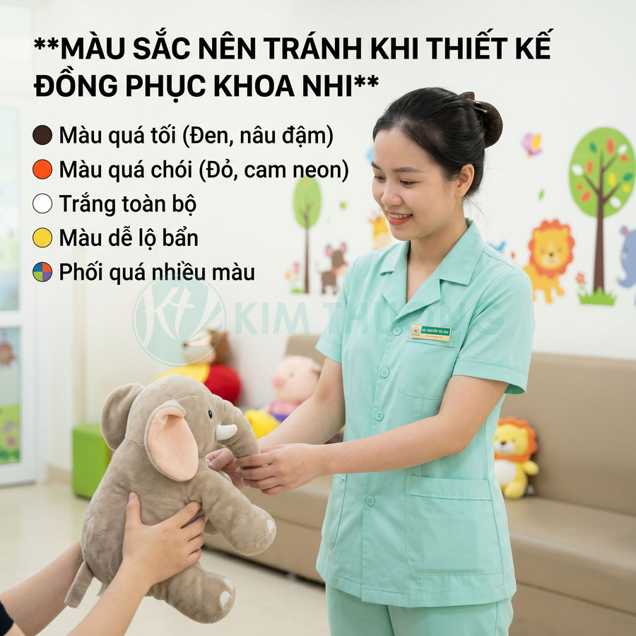 Nữ y tá mặc đồng phục khoa nhi màu xanh mint tươi sáng chơi với bé bằng thú nhồi bông