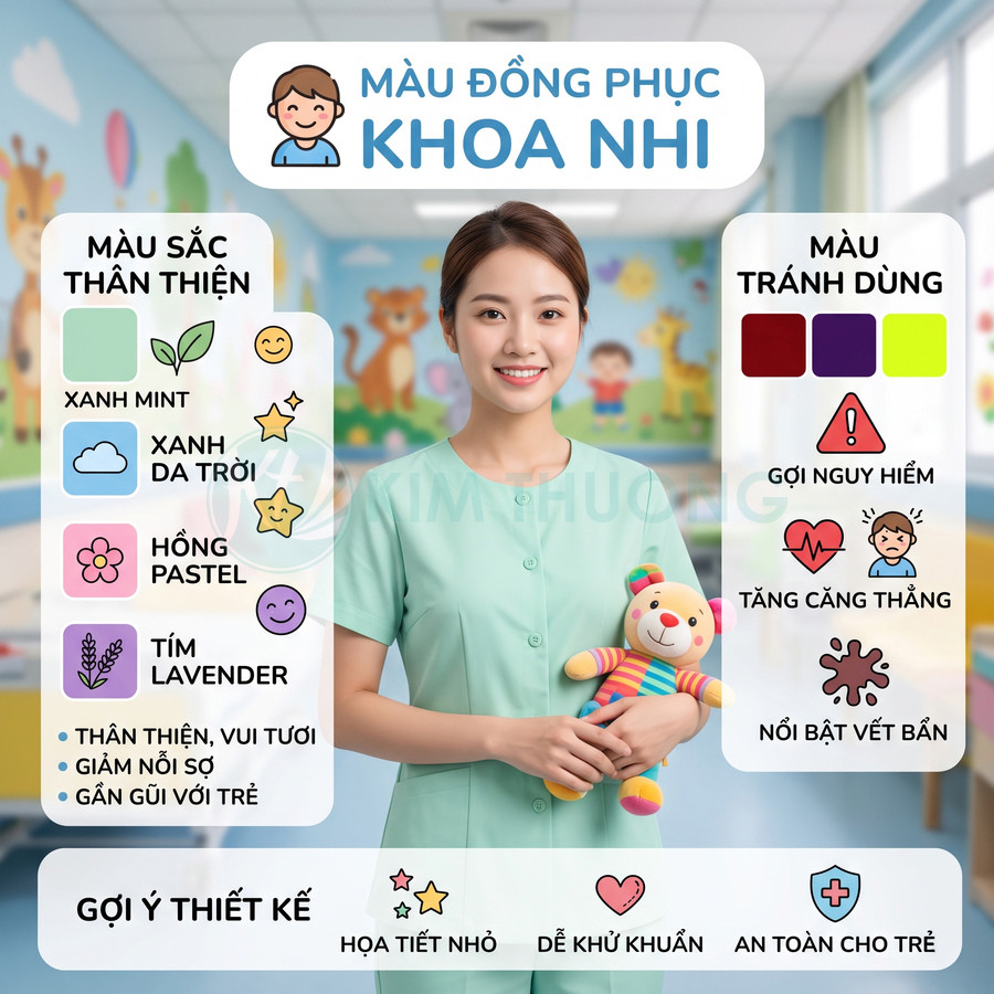 Nữ y tá khoa nhi mặc đồng phục xanh mint cầm thú bông nhiều màu trong phòng khám trẻ em sáng sủa