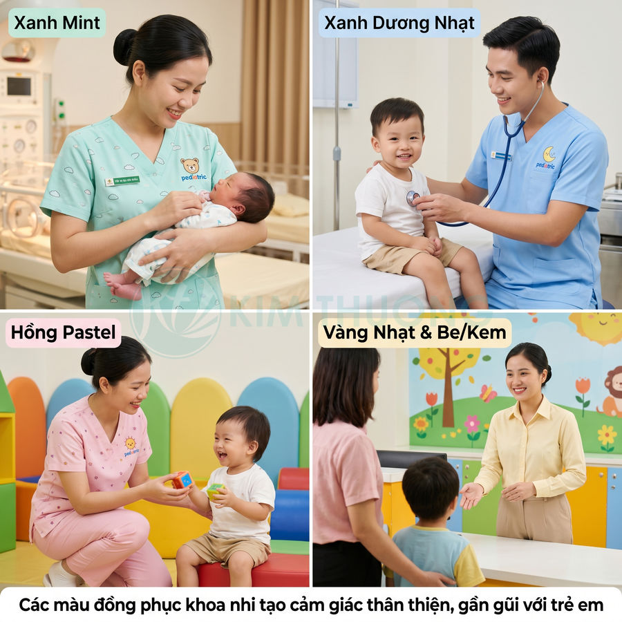 Các mẫu đồng phục y tá khoa nhi màu xanh mint, xanh dương nhạt, hồng pastel, vàng nhạt và be kem thân thiện với trẻ em