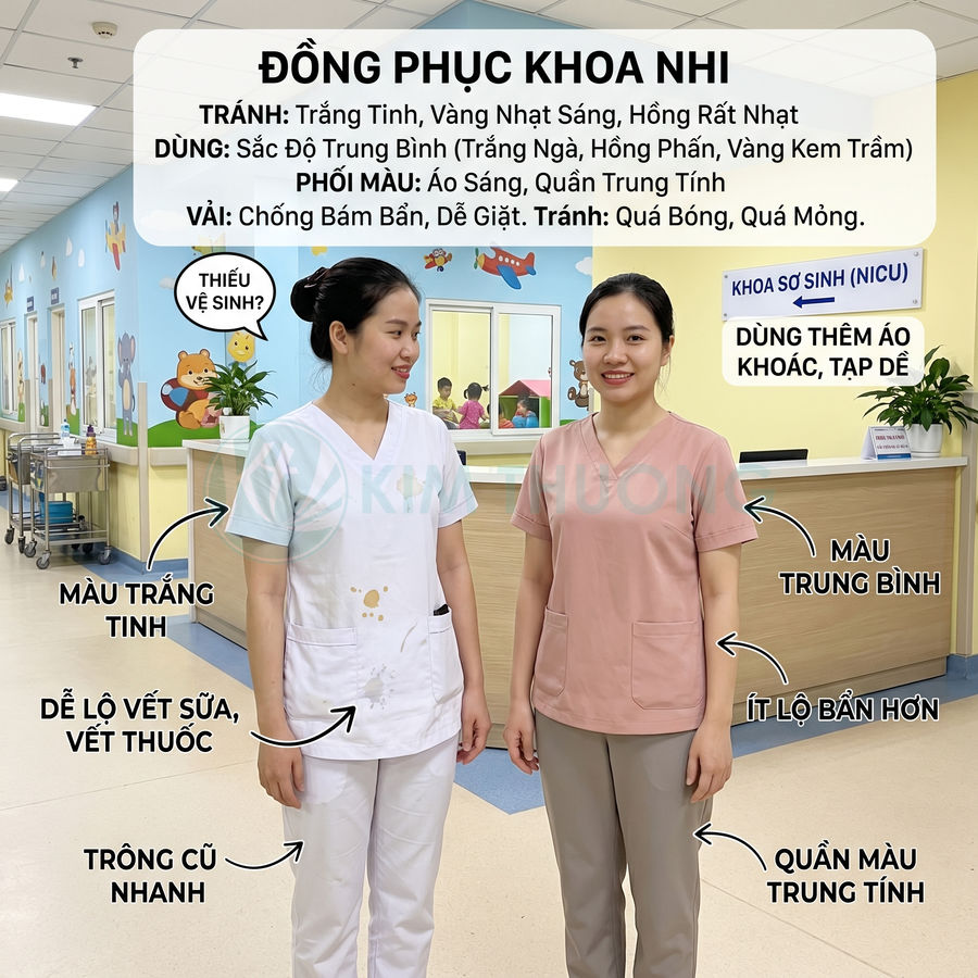 Hai nữ y tá khoa nhi mặc đồng phục y tế, một bộ trắng có vết bẩn và một bộ hồng be sạch sẽ hơn