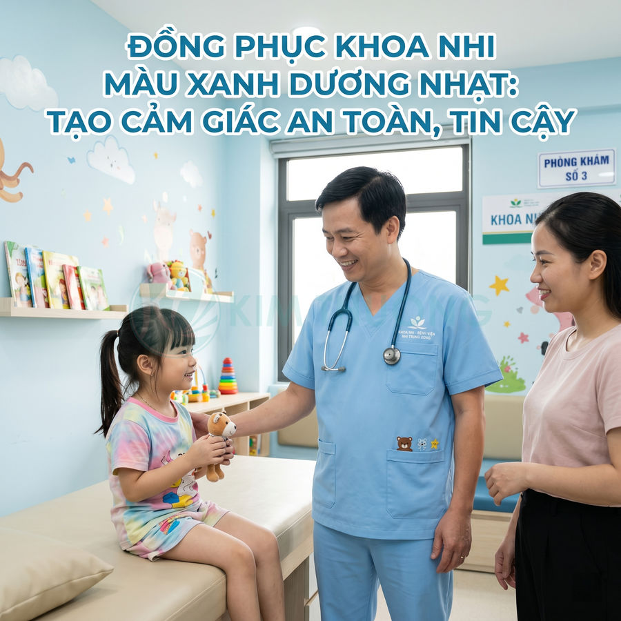 Bác sĩ mặc đồng phục khoa nhi màu xanh dương nhạt khám cho bé gái trong phòng khám thân thiện