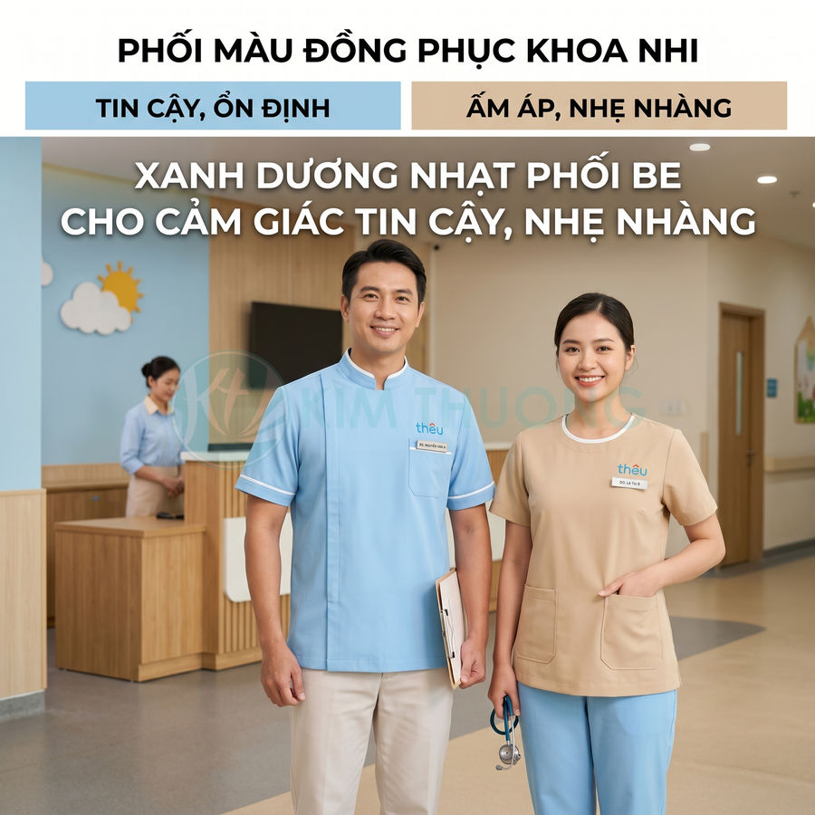 Đồng phục y tá khoa nhi màu xanh dương nhạt và be, thiết kế đơn giản tạo cảm giác tin cậy, nhẹ nhàng