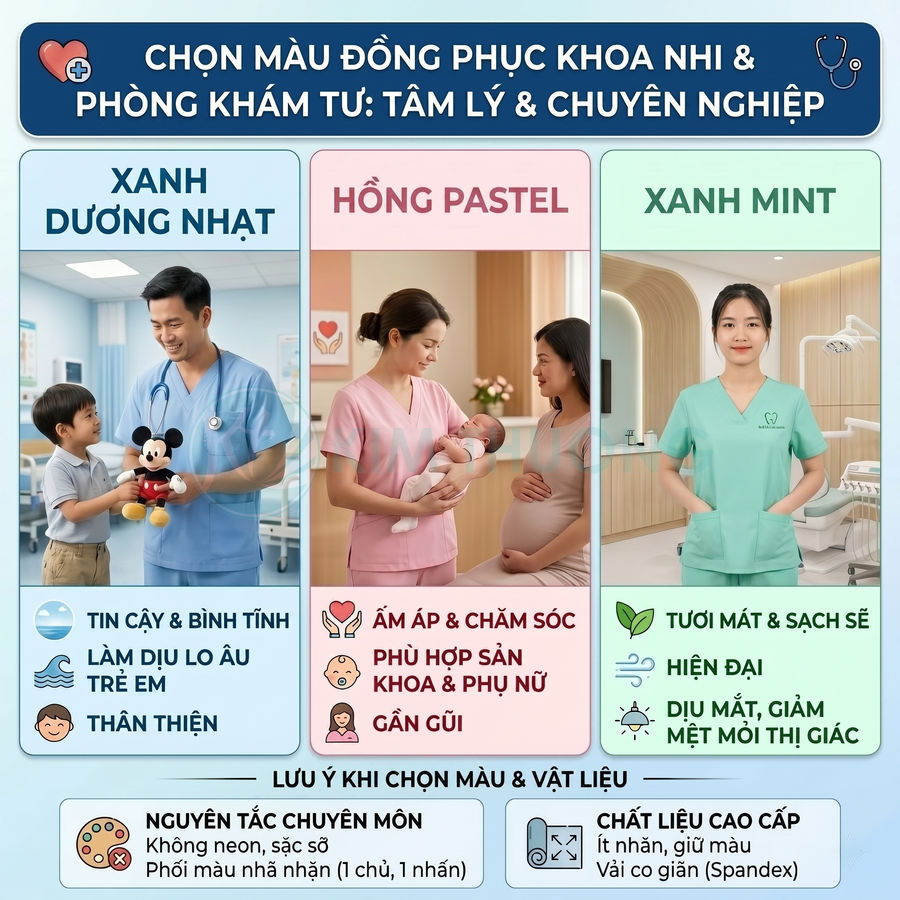 Đồng phục y tá và bác sĩ khoa nhi màu xanh dương nhạt, hồng pastel, xanh mint trong phòng khám hiện đại