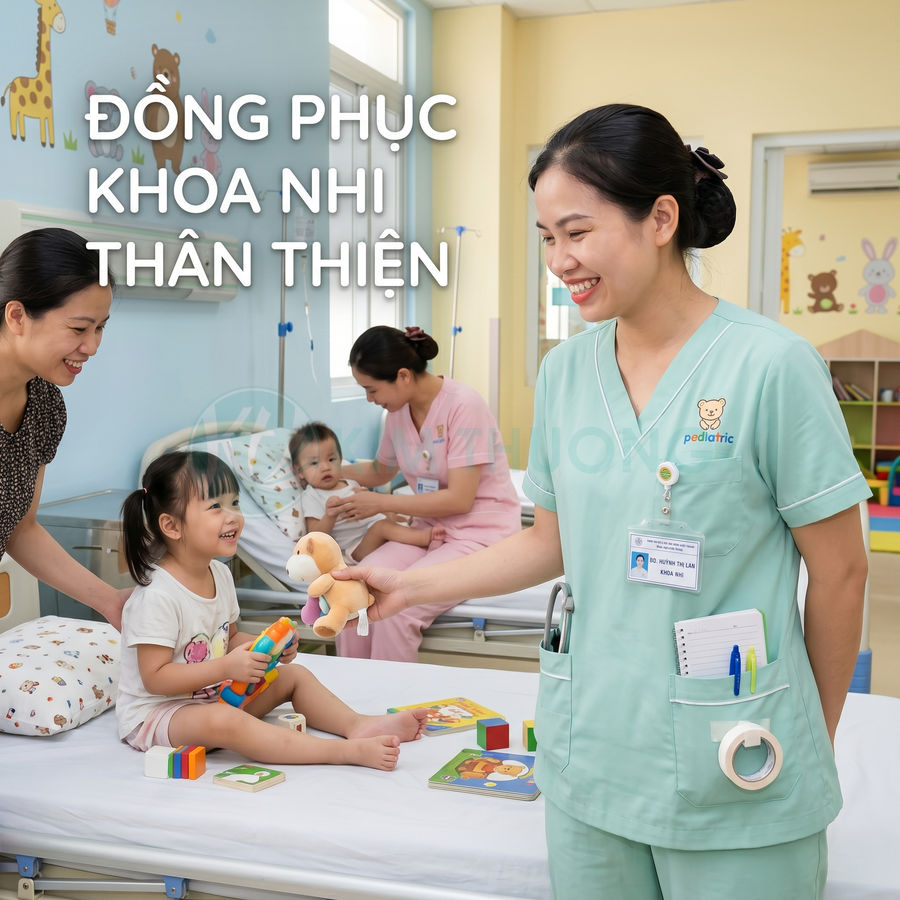 Y tá mặc đồng phục khoa nhi màu xanh mint chăm sóc bé gái đang chơi đồ chơi trên giường bệnh