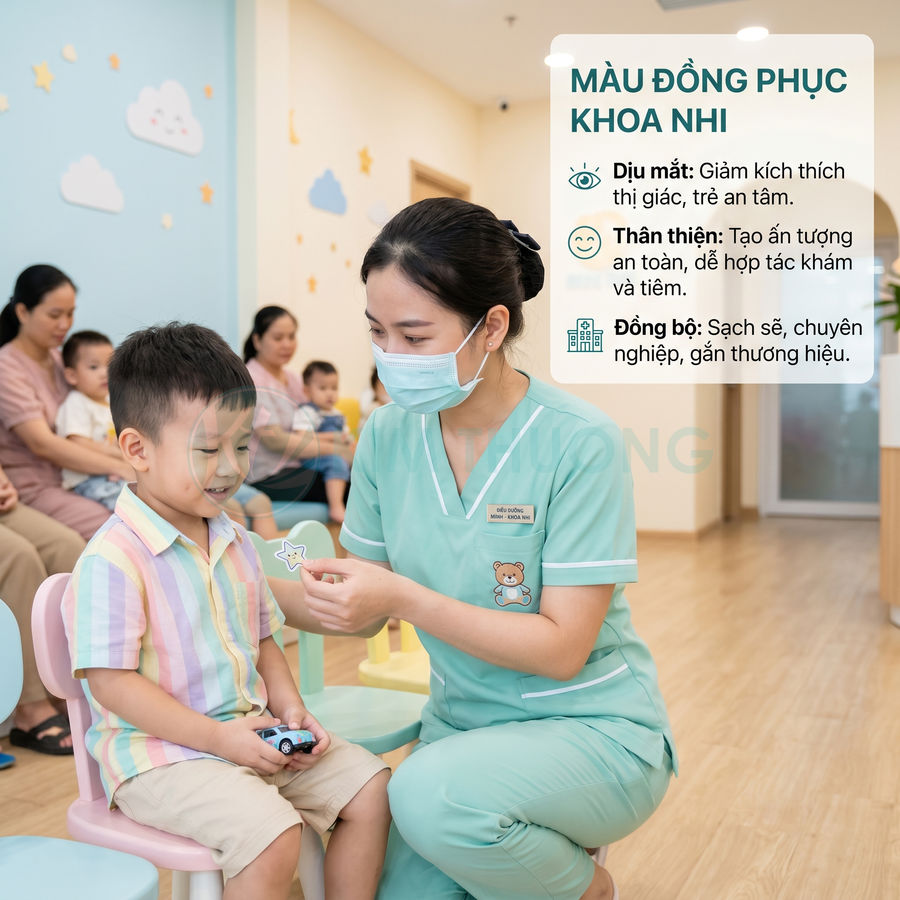 Điều dưỡng mặc đồng phục khoa nhi màu xanh mint trò chuyện với bé trai trong phòng khám trẻ em