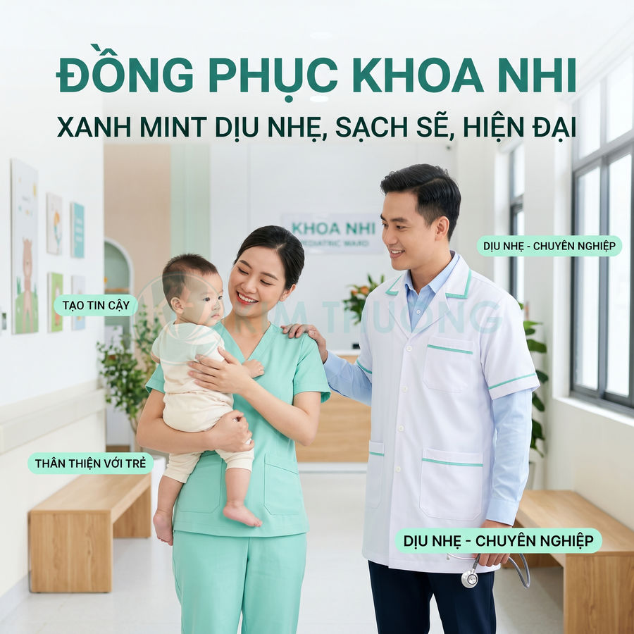Đồng phục y tá và bác sĩ khoa nhi màu xanh mint hiện đại thân thiện với trẻ em