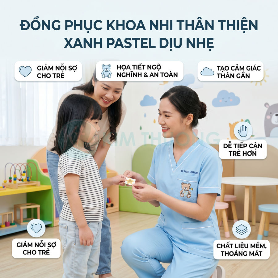 Đồng phục y tá khoa nhi màu xanh pastel họa tiết gấu dễ thương đang chăm sóc bé trong phòng khám trẻ em