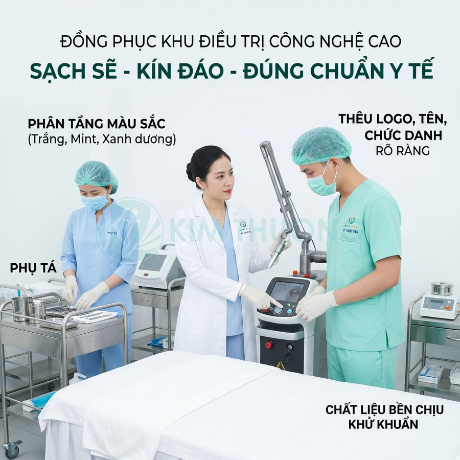 Đồng phục y tế phòng điều trị công nghệ cao sạch sẽ kín đáo, bác sĩ và phụ tá thao tác với máy laser hiện đại