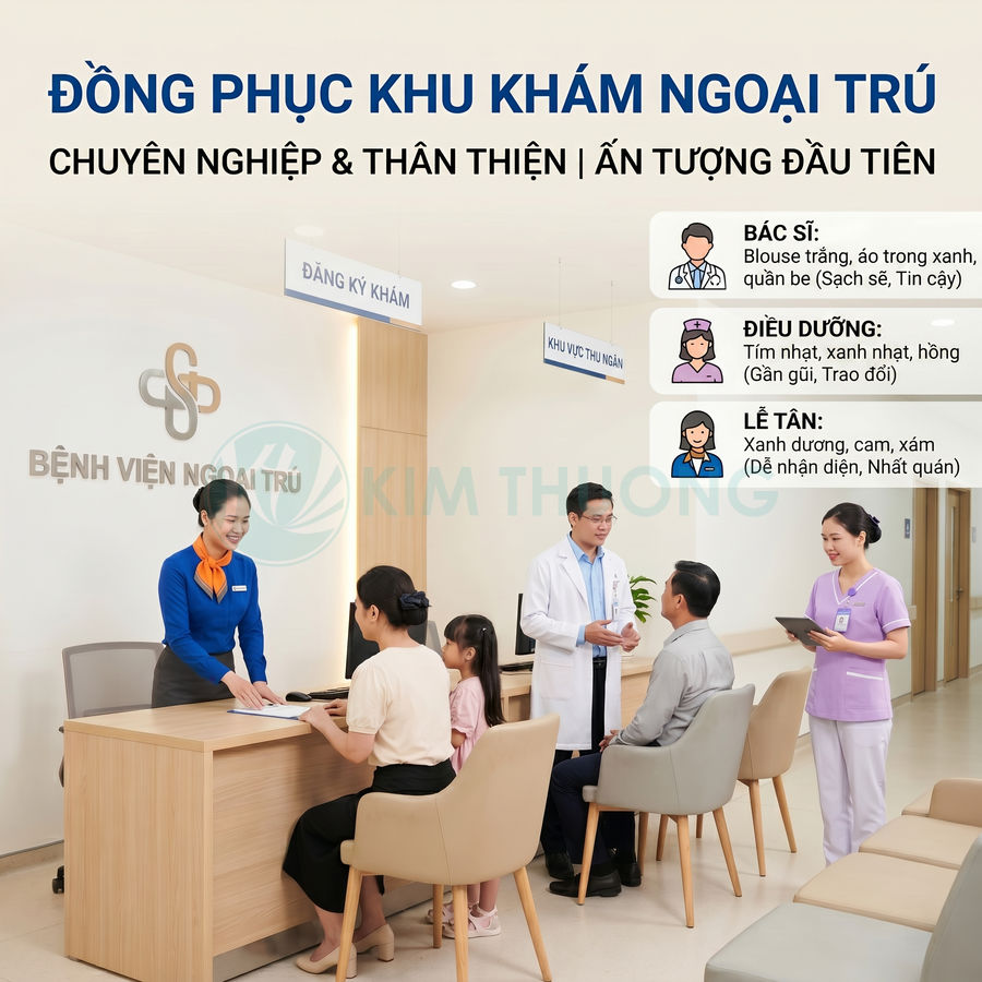 Đồng phục khu khám ngoại trú với lễ tân áo xanh, bác sĩ áo blouse trắng và điều dưỡng áo tím hỗ trợ bệnh nhân