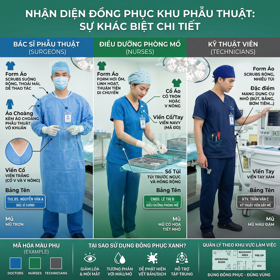 So sánh đồng phục bác sĩ phẫu thuật, điều dưỡng phòng mổ và kỹ thuật viên trong phòng mổ bệnh viện