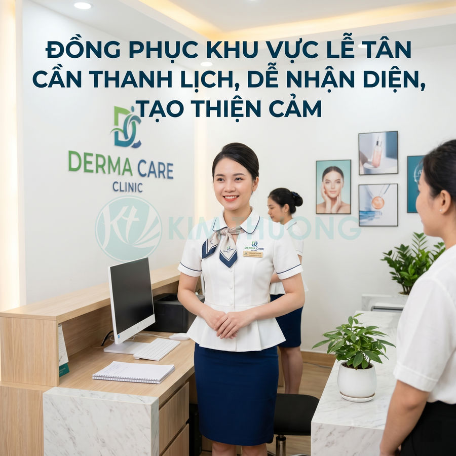 Nhân viên lễ tân phòng khám Derma Care mặc đồng phục công sở trắng xanh đứng tại quầy tiếp đón khách