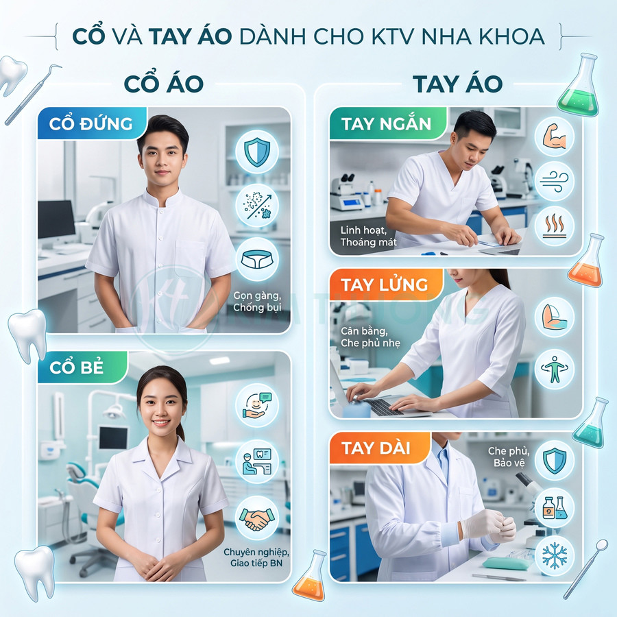 Đồng phục áo blouse cổ và tay áo cho kỹ thuật viên nha khoa trong phòng khám hiện đại