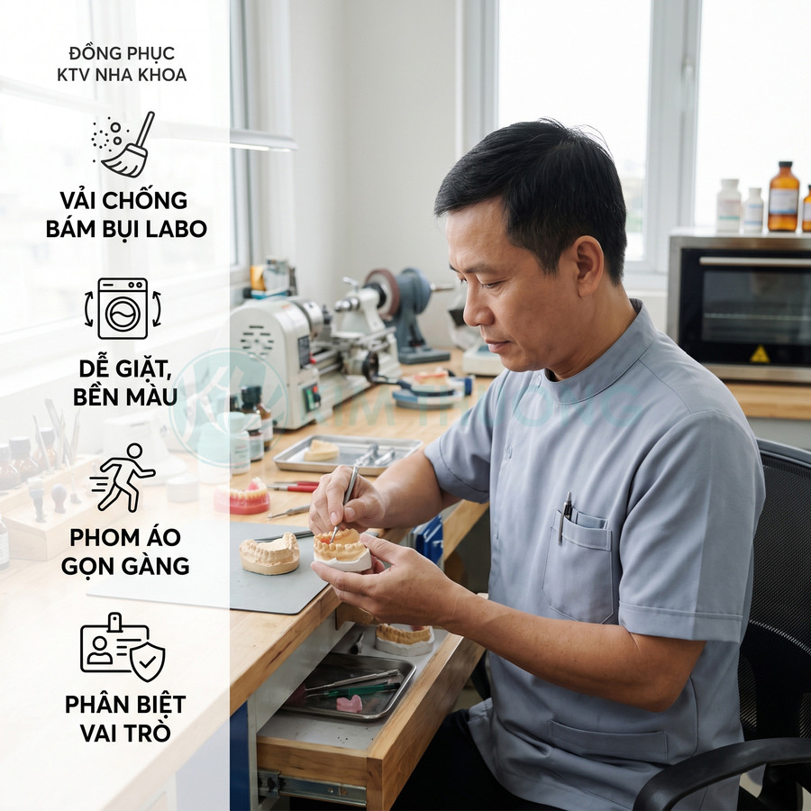 Kỹ thuật viên nha khoa mặc đồng phục xám chống bám bụi đang làm việc với mẫu răng trong labo