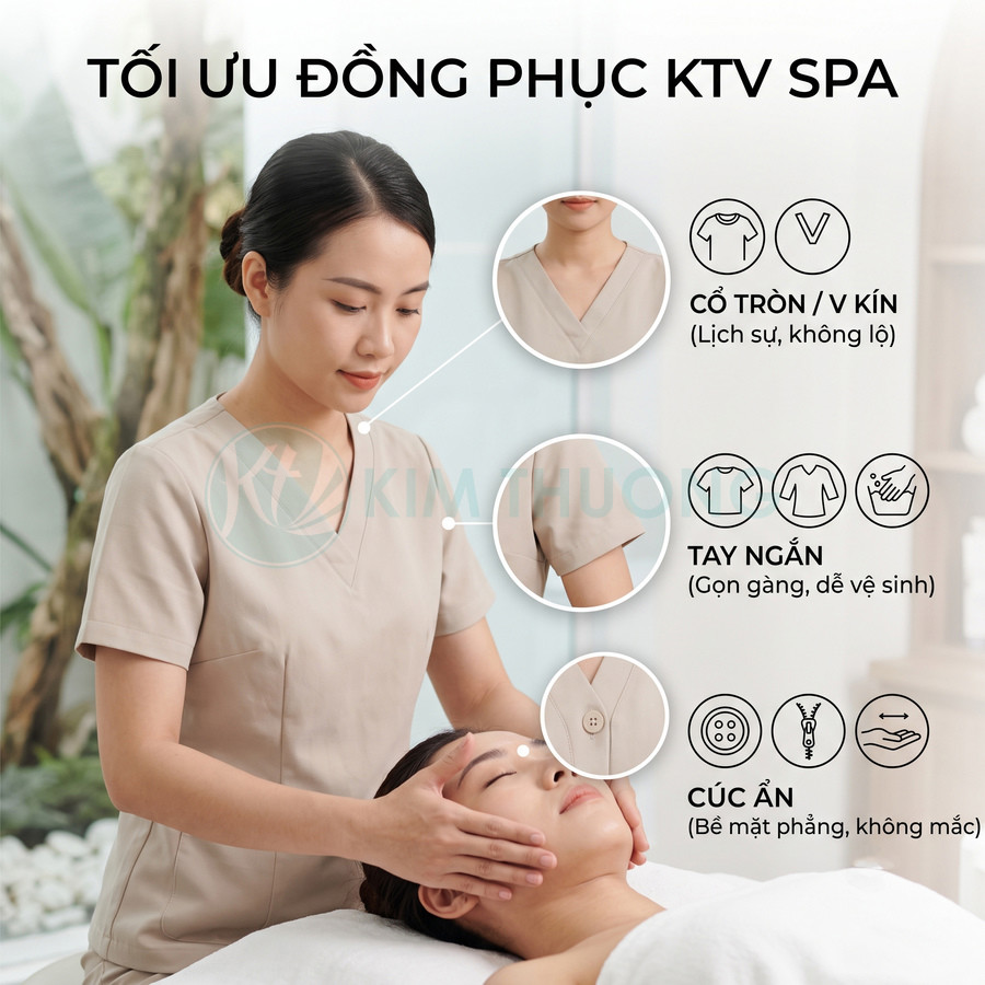 Đồng phục KTV spa màu be cổ V kín tay ngắn cúc ẩn, nhân viên đang massage mặt cho khách