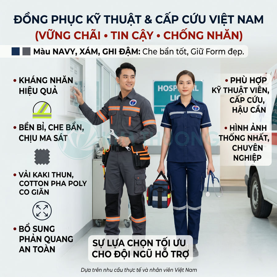 Đồng phục kỹ thuật và cấp cứu Việt Nam màu navy xám ghi đậm, thiết kế phản quang chuyên nghiệp