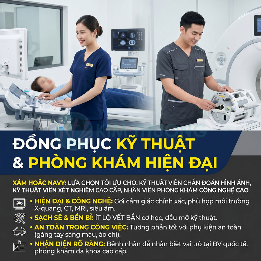Nhân viên y tế mặc đồng phục kỹ thuật màu xám và navy làm việc với máy siêu âm và máy chụp CT hiện đại