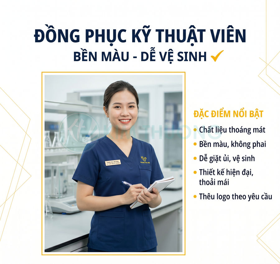 Đồng phục kỹ thuật viên màu xanh navy cổ tim, chất liệu thoáng mát, thiết kế hiện đại trong phòng thí nghiệm