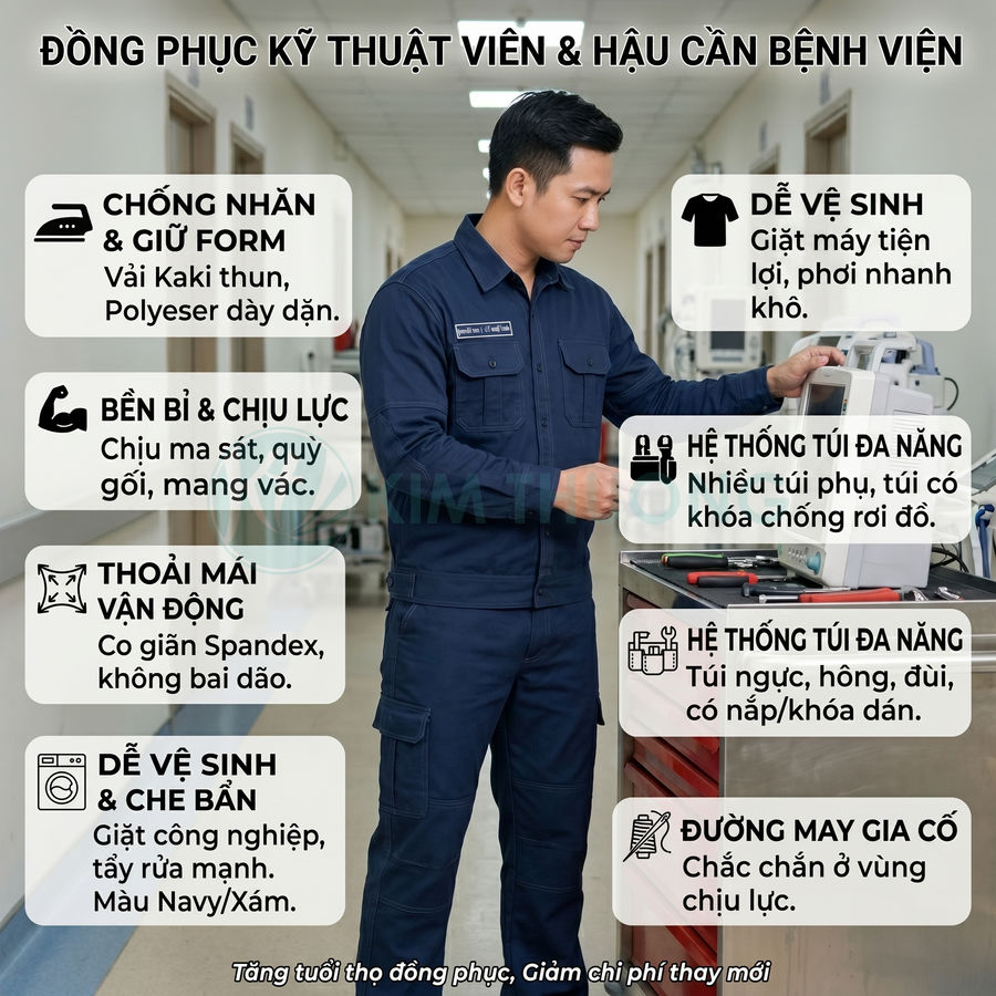 Đồng phục kỹ thuật viên bệnh viện màu xanh navy, nhiều túi tiện dụng, vải co giãn bền chắc, phù hợp môi trường y tế