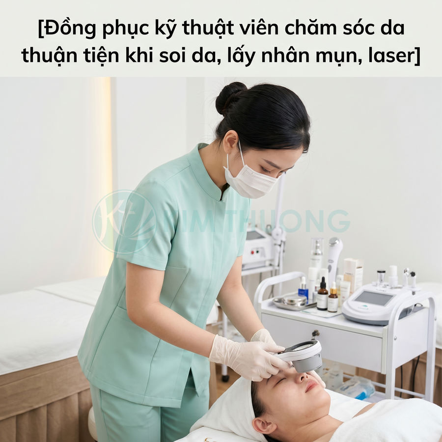 Đồng phục kỹ thuật viên spa màu xanh mint đang soi da cho khách hàng trong phòng chăm sóc da