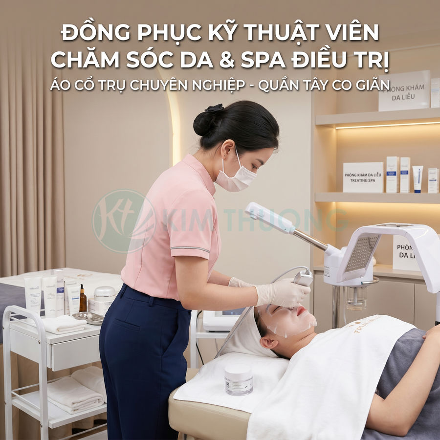 Đồng phục kỹ thuật viên spa với áo cổ trụ hồng quần tây xanh đang chăm sóc da cho khách hàng