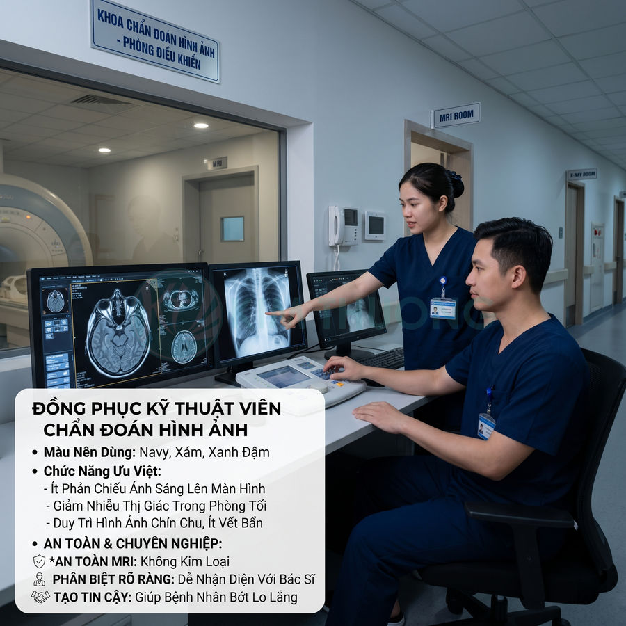 Đồng phục kỹ thuật viên chẩn đoán hình ảnh màu xanh navy trong phòng điều khiển máy chụp MRI hiện đại