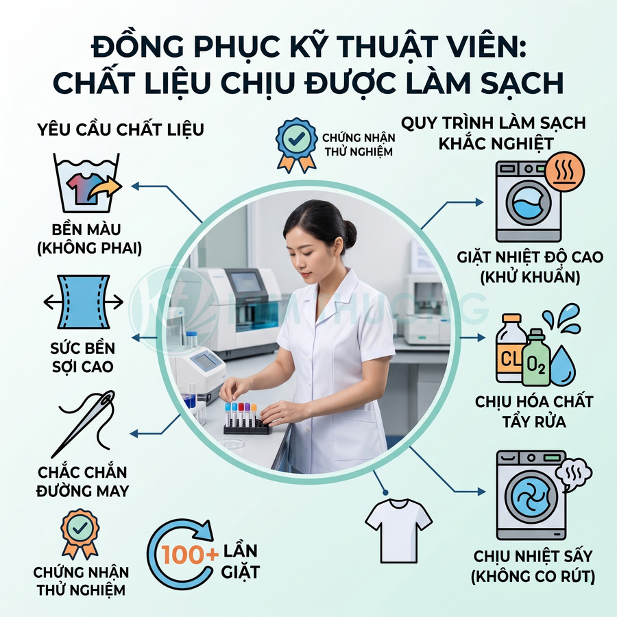 Đồng phục kỹ thuật viên phòng thí nghiệm màu trắng, chất liệu bền màu chịu nhiệt và hóa chất tẩy rửa, không co rút khi giặt