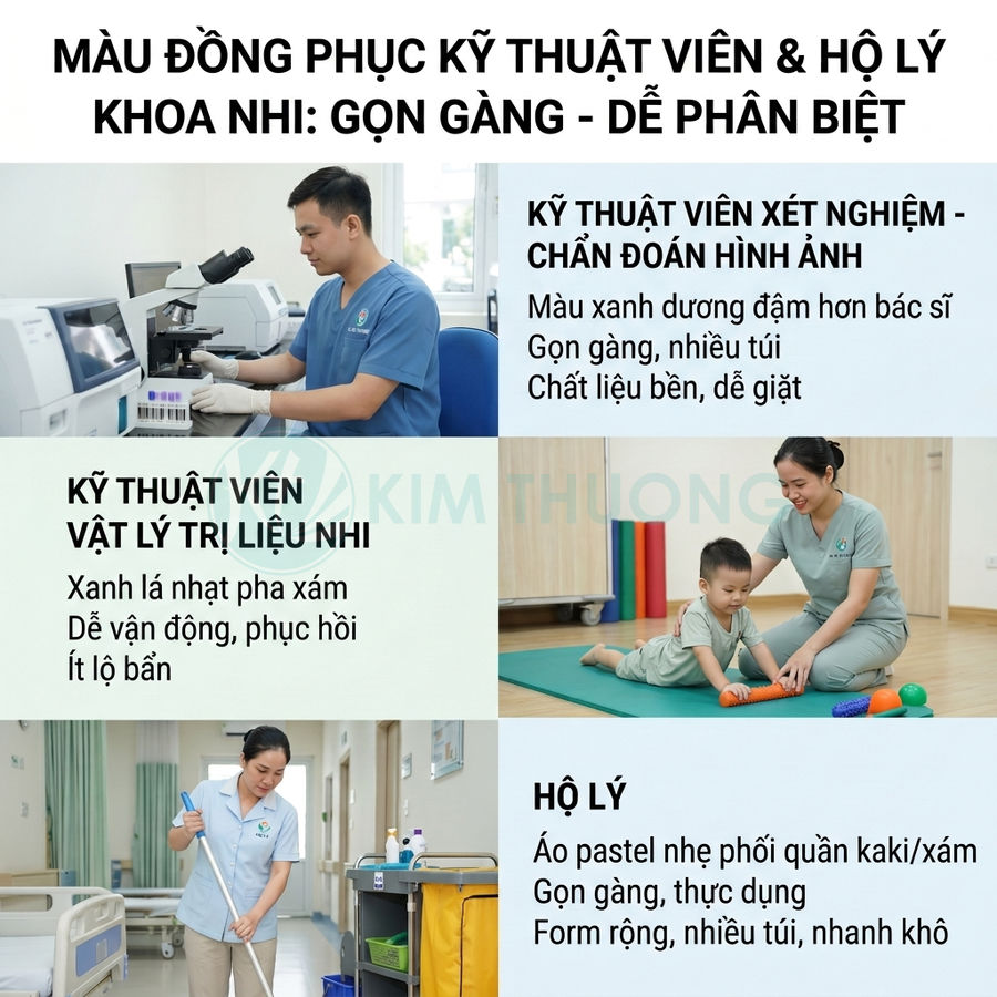 Đồng phục kỹ thuật viên và hộ lý khoa nhi màu xanh pastel, thiết kế gọn gàng nhiều túi, chất liệu bền dễ vận động