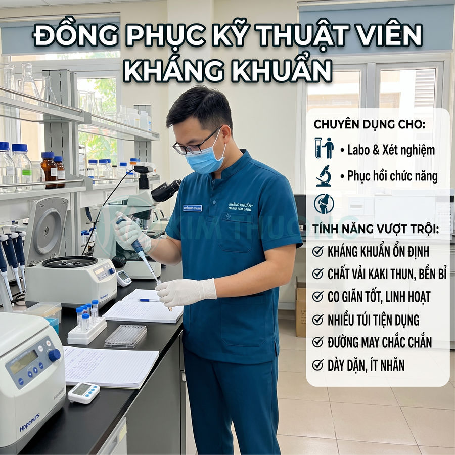 Đồng phục kỹ thuật viên phòng lab kháng khuẩn màu xanh đậm, cổ đứng, nhiều túi, chất liệu co giãn bền chắc