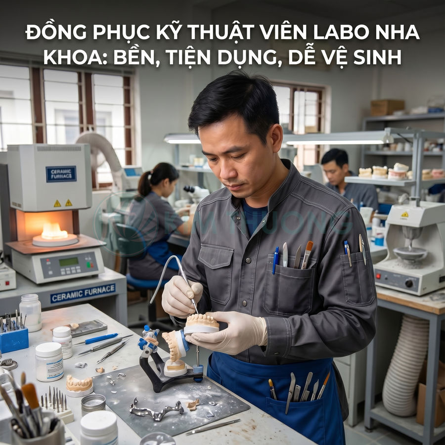 Đồng phục kỹ thuật viên labo nha khoa màu xám xanh đang gia công răng sứ trong phòng thí nghiệm