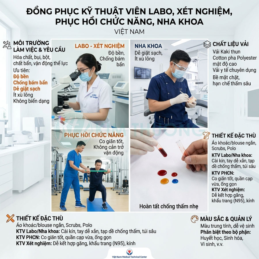 Đồng phục kỹ thuật viên labo, xét nghiệm, phục hồi chức năng và nha khoa màu trắng xanh trong môi trường y tế