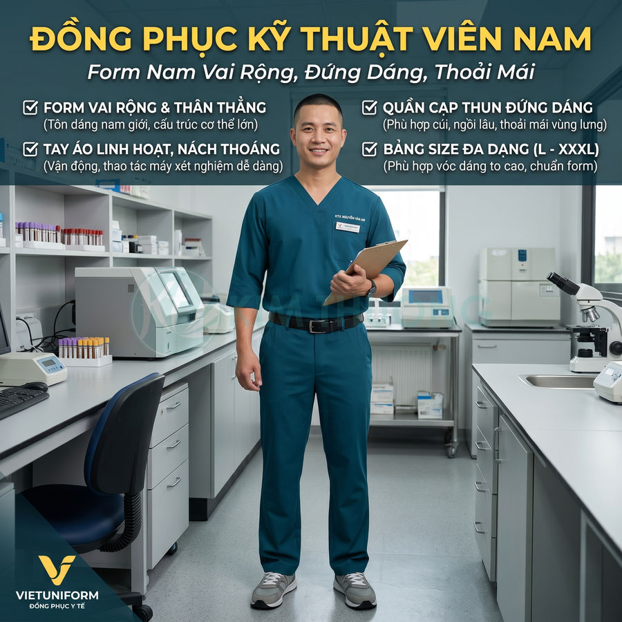 Đồng phục kỹ thuật viên nam Vietuniform màu xanh đậm, form rộng đứng dáng trong phòng xét nghiệm y tế