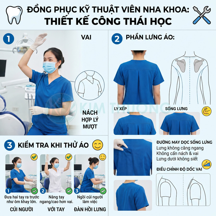 Đồng phục kỹ thuật viên nha khoa màu xanh thiết kế công thái học, chất liệu co giãn thoải mái khi cúi người và giơ tay