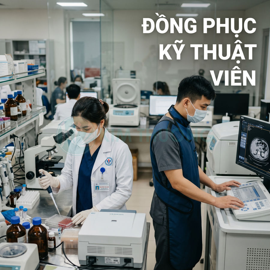 Đồng phục kỹ thuật viên y tế trong phòng xét nghiệm hiện đại với nhân viên đang thao tác máy móc