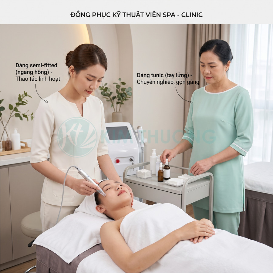 Đồng phục kỹ thuật viên spa màu kem và xanh pastel đang chăm sóc da cho khách hàng nằm trên giường spa