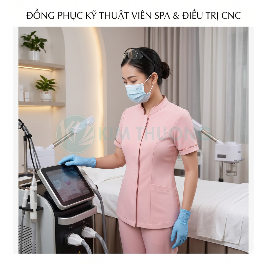 Đồng phục kỹ thuật viên spa màu hồng tay ngắn, cổ trụ, chất liệu cao cấp, phù hợp nhân viên thẩm mỹ viện