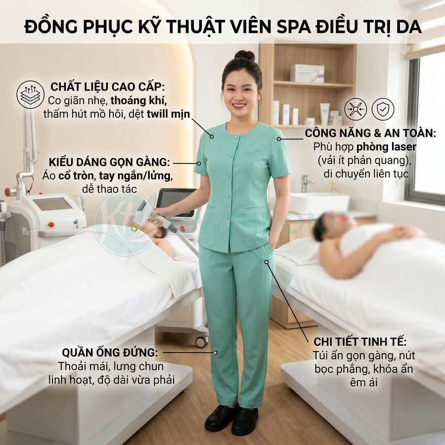 Đồng phục kỹ thuật viên spa màu xanh ngọc, thiết kế cổ tròn tay ngắn, quần ống đứng, phù hợp phòng điều trị da
