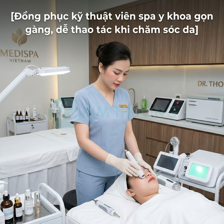 Đồng phục kỹ thuật viên spa y khoa màu xanh nhạt, thiết kế gọn gàng khi chăm sóc da cho khách hàng