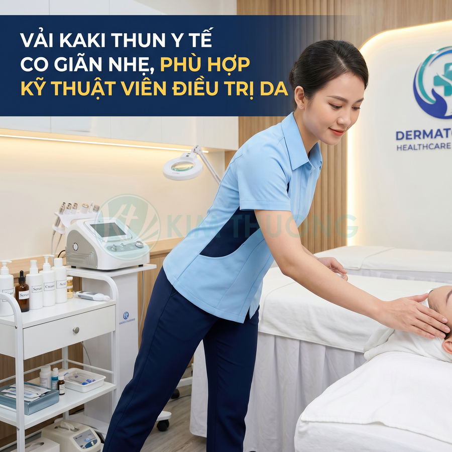 Đồng phục kỹ thuật viên spa màu xanh chất liệu kaki thun y tế co giãn nhẹ